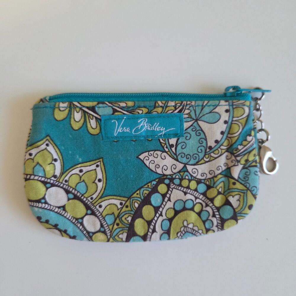 Vera Bradley Peacock Zip ID Case Coin Purse Keychain Teal Green - Picture 2 of 8